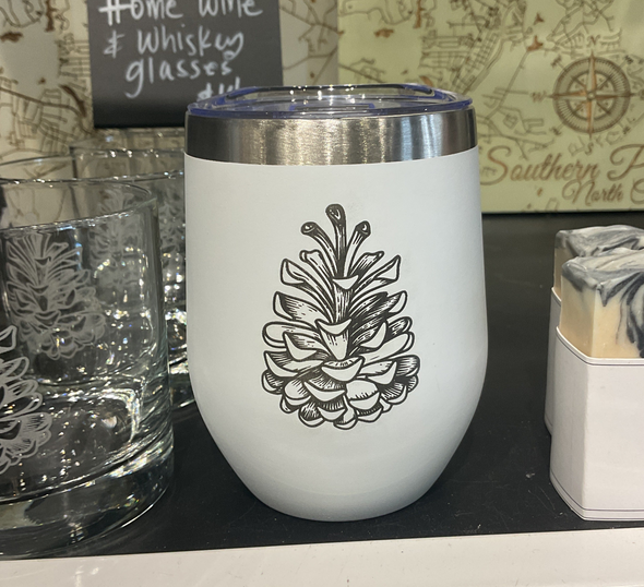 1 Left! 10 oz Pinecone Stemless Wine Tumbler - White