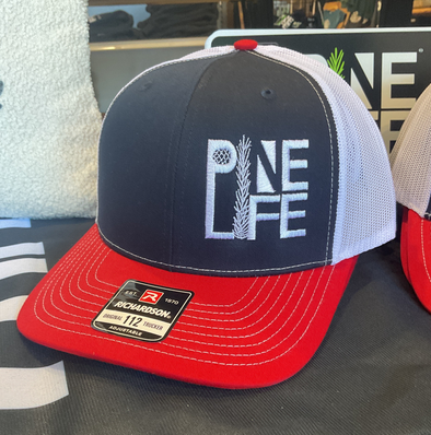 New! Pine Life Trucker Hat - Navy & Red w/White Mesh