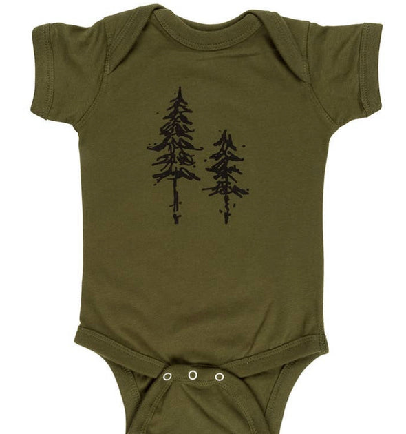 New! Pine Tree Baby Onesie - Olive and Black